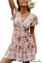 Summer Boho Floral Print Mini Wrap Beach Boho Dress