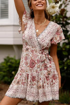 Summer Boho Floral Print Mini Wrap Beach Boho Dress