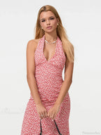Summer Floral Backless Tie-Up Halter Neck Midi Party Floral Dress