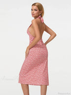 Summer Floral Backless Tie-Up Halter Neck Midi Party Floral Dress