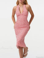 Summer Floral Backless Tie-Up Halter Neck Midi Party Floral Dress