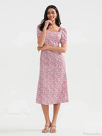 Summer Floral Midi Puff Sleeve A-Line Floral Dress