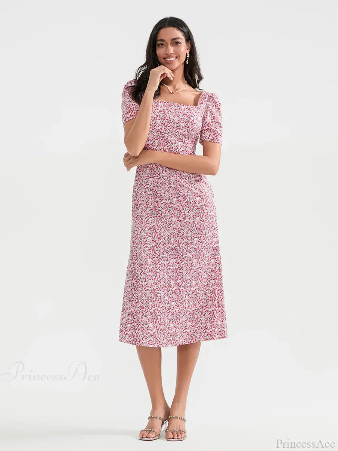 Summer Floral Midi Puff Sleeve A-Line Floral Dress