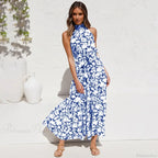 Summer Floral Print Halter Neck Beach Floral Dress