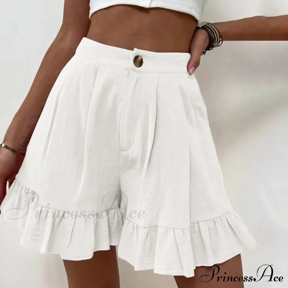 Summer Loose Fitting Wide Leg A Line Ruffle Trim Cotton Linen Texture Soft Wear Short