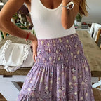 Summer New Women's Printing Skirt Elastic High Waist Pleated Boho
