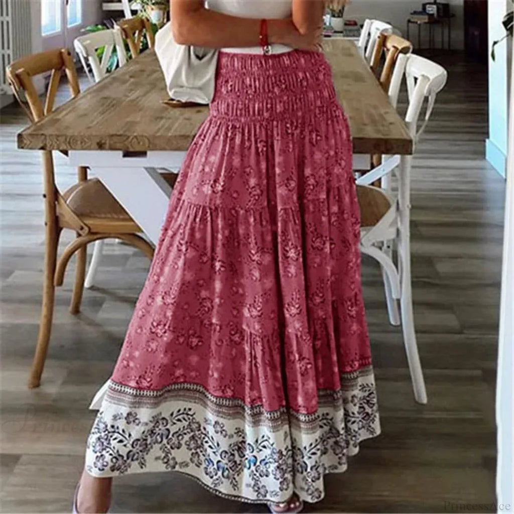 Summer New Women's Printing Skirt Elastic High Waist Pleated Boho