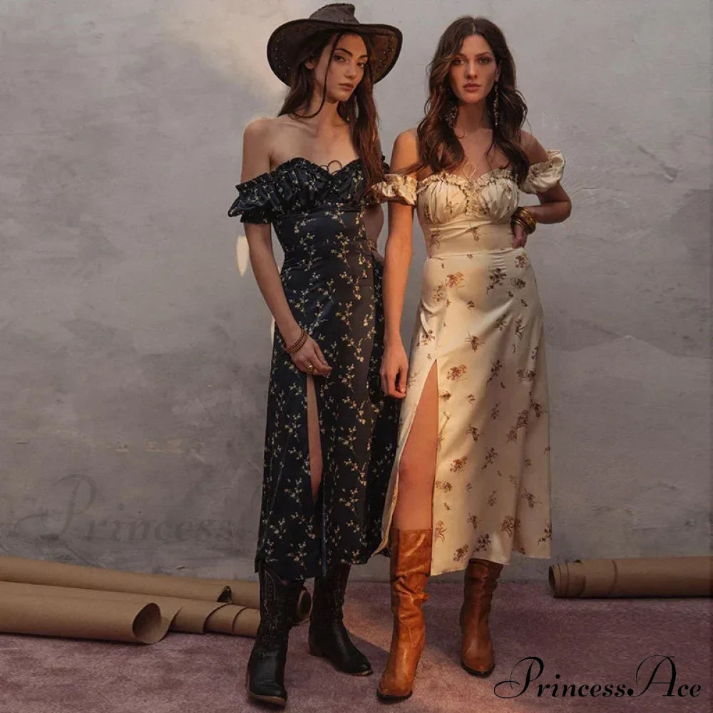 Summer Off Shoulder Puff Sleeve Lace Up Side Split Chic Aesthetic Floral Dress
