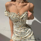 Summer Off Shoulder Puff Sleeve Lace Up Side Split Chic Aesthetic Floral Dress