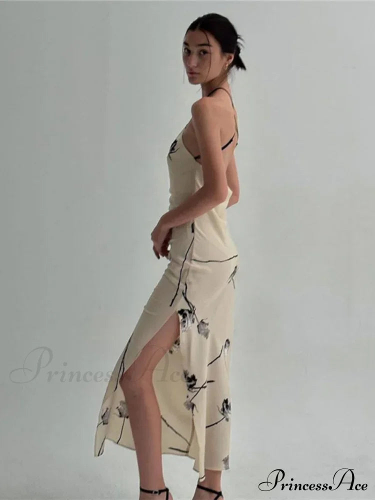 Summer Print Long Halter Backless Satin Split es Women Hot Vestidos Floral Dress