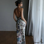 Summer Print Long Halter Backless Satin Split es Women Hot Vestidos Floral Dress