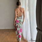 Summer Print Long Halter Backless Satin Split es Women Hot Vestidos Floral Dress
