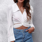 Summer Puff Long Sleeve Cropped Lace-up Blouse