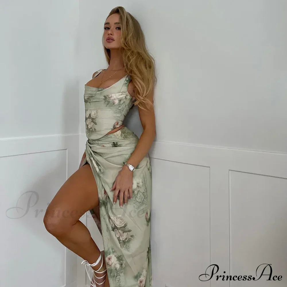Rose Print High Waist Slit Maxi Dress