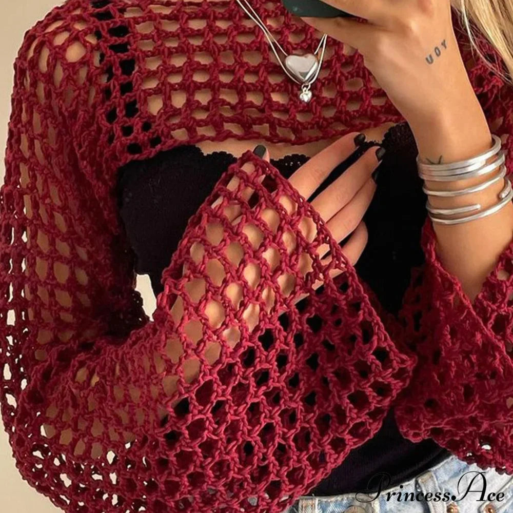 Summer Sexy Long Sleeve Smock Knitted Crop Top