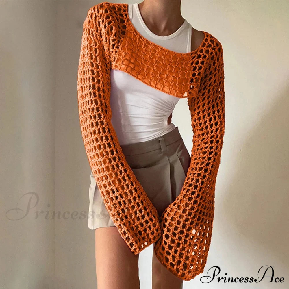 Summer Sexy Long Sleeve Smock Knitted Crop Top