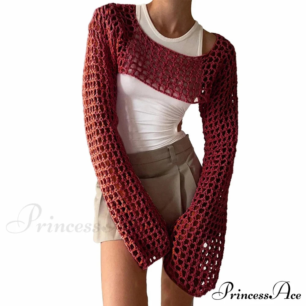 Summer Sexy Long Sleeve Smock Knitted Crop Top