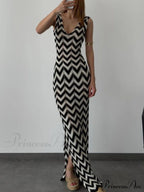 Summer V-Neck Striped Crochet Graceful Slit Sexy Maxi Dress