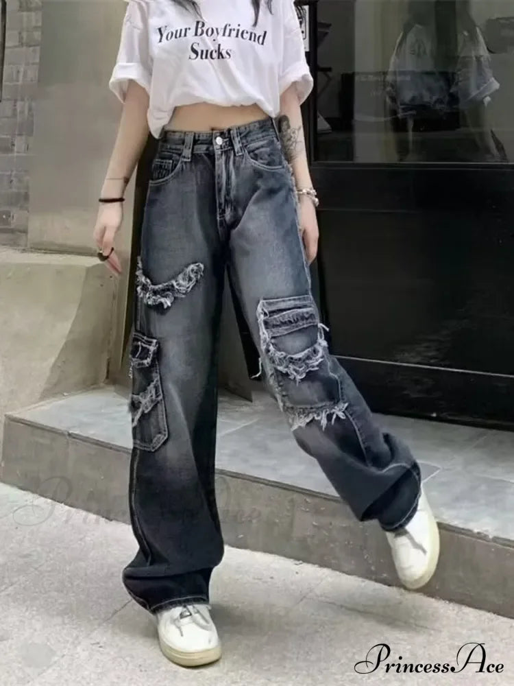 Summer Vintage Washed and Worn Out Versatile Straight Drop High Waist Wide Leg Women's Jean