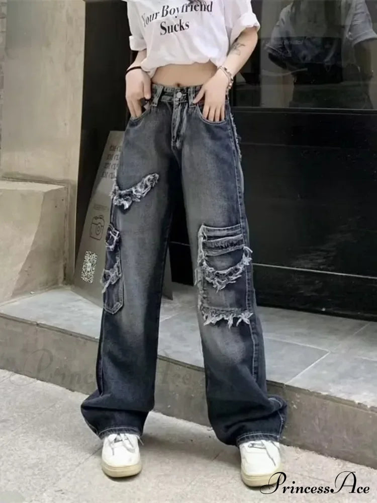 Summer Vintage Washed and Worn Out Versatile Straight Drop High Waist Wide Leg Women's Jean