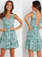 V-neck Pleated Print Dress