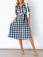 Lapel Button Plaid Dress
