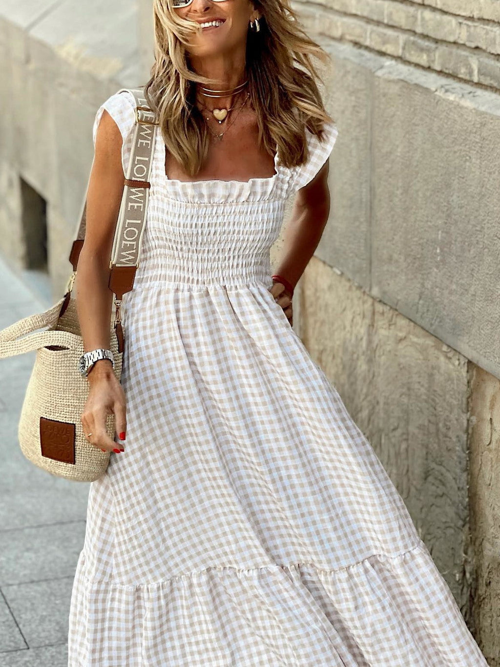 Plaid Suspender Elastic Dress