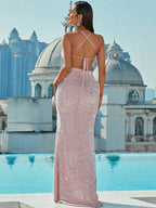 V-neck Hepburn-style Ladies Suspender Sequined Evening Dress