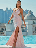 V-neck Hepburn-style Ladies Suspender Sequined Evening Dress