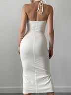 Slim Fit Backless Split Pleated Strapless Dress