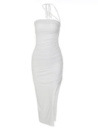 Slim Fit Backless Split Pleated Strapless Dress