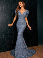 V-neck Sequined Fishtail Banquet Small Mopping Split Evening Dress