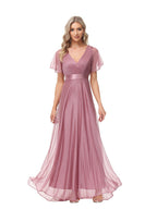 Big Swing V Neck Flared Sleeve Chiffon Party Bridesmaid Evening Dress
