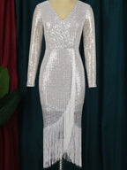 Sequined High Stretch Slit Fringe Dress Cocktail Evening Dress