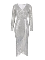 Sequined High Stretch Slit Fringe Dress Cocktail Evening Dress