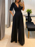 Elegant Casual V-neck Tie High-waisted Short-sleeved Wide-leg Jumpsuit