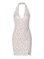 Printed V-neck Backless Slim Wrap Hip Dress