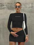 Letter Print Long Sleeve Slim Short Skirt Two Piece Set