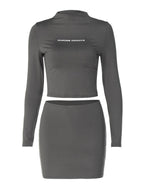 Letter Print Long Sleeve Slim Short Skirt Two Piece Set