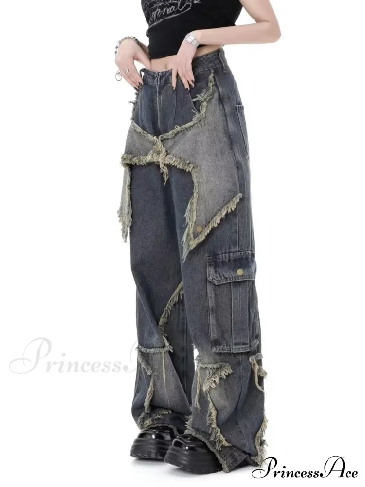 Super Beautiful Flower High Waist Summer Loose Wide Leg Vintage Unique Versatile Straight Women's Jean