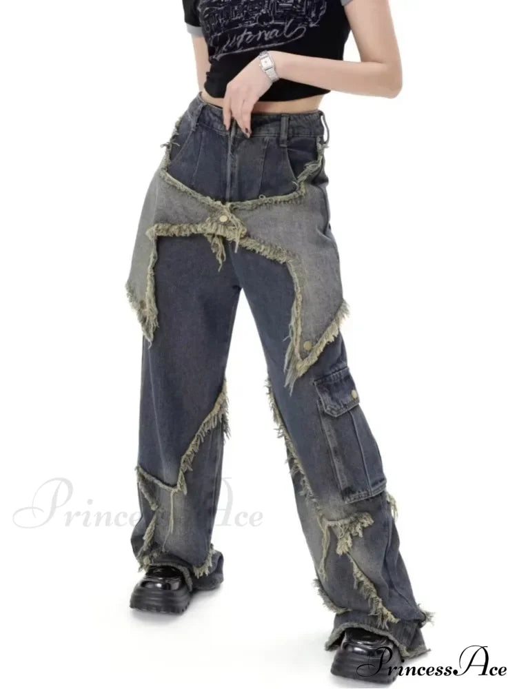 Super Beautiful Flower High Waist Summer Loose Wide Leg Vintage Unique Versatile Straight Women's Jean