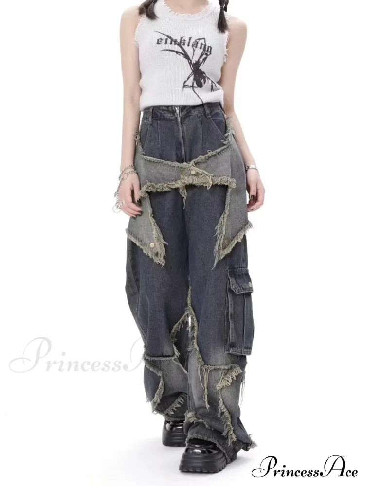 Super Beautiful Flower High Waist Summer Loose Wide Leg Vintage Unique Versatile Straight Women's Jean