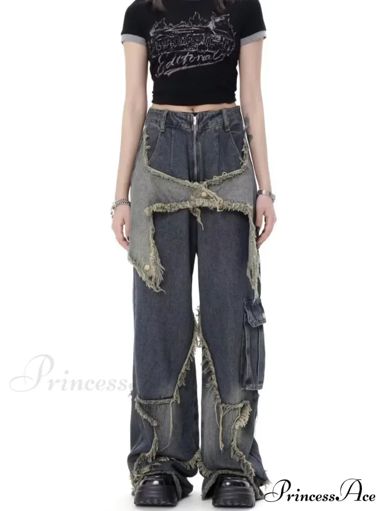 Super Beautiful Flower High Waist Summer Loose Wide Leg Vintage Unique Versatile Straight Women's Jean