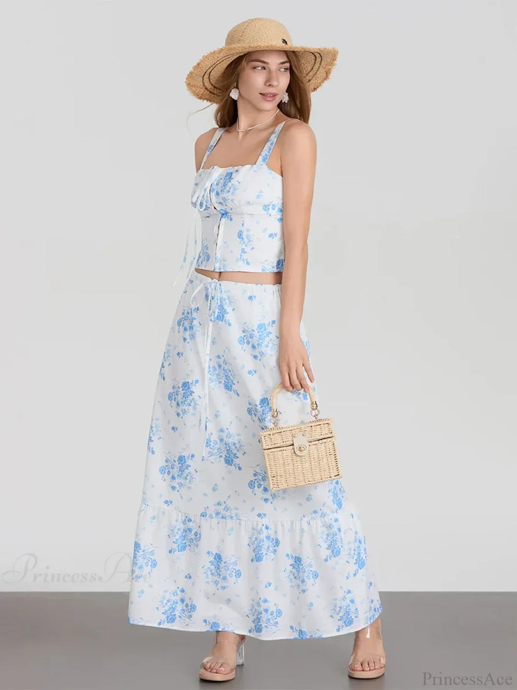 Suspender Crop Tank Top Drawstring A-line Skirt Floral Dress