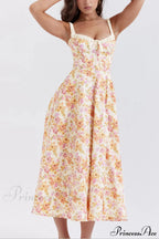 Suspender Patchwork Printed Charming Lace-Up Midi Dress