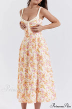 Suspender Patchwork Printed Charming Lace-Up Midi Dress