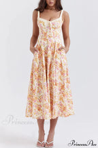 Suspender Patchwork Printed Charming Lace-Up Midi Dress