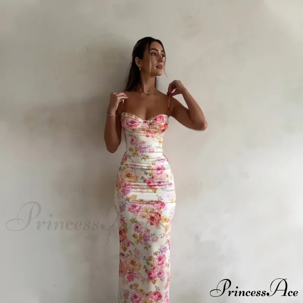 Suspender Split SlimSleeveless Beach Spaghetti Strap Summer Floral Dress