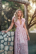 Xenia Minimalist Maxi Dress with Floral Pattern and Cut Outs Statement Occasion Edit