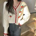 Sweet Cherry Button-Up Patchwork Knit Cardigan
